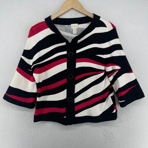 CHICOS Sweater 1 M Azaria Toggle Clasp Cardigan Striped 3/4 Sleeve Black - Picture 1 of 12
